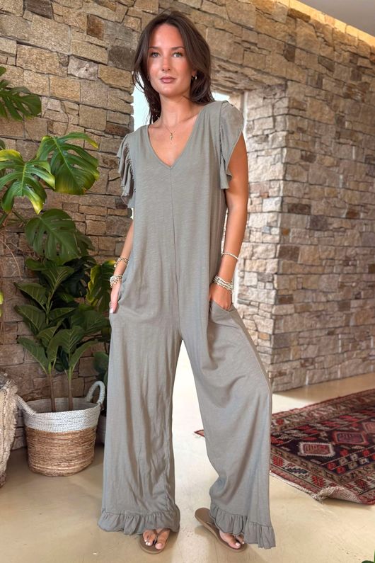 Made in Italy Bay Slub Mamma Mia Frill Jumpsuit Mocha /11 =